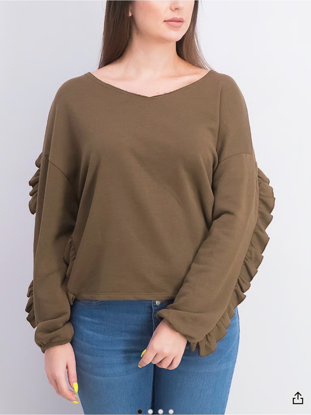 Mango Olive Green Ruffle-Sleeve Sweatshirt